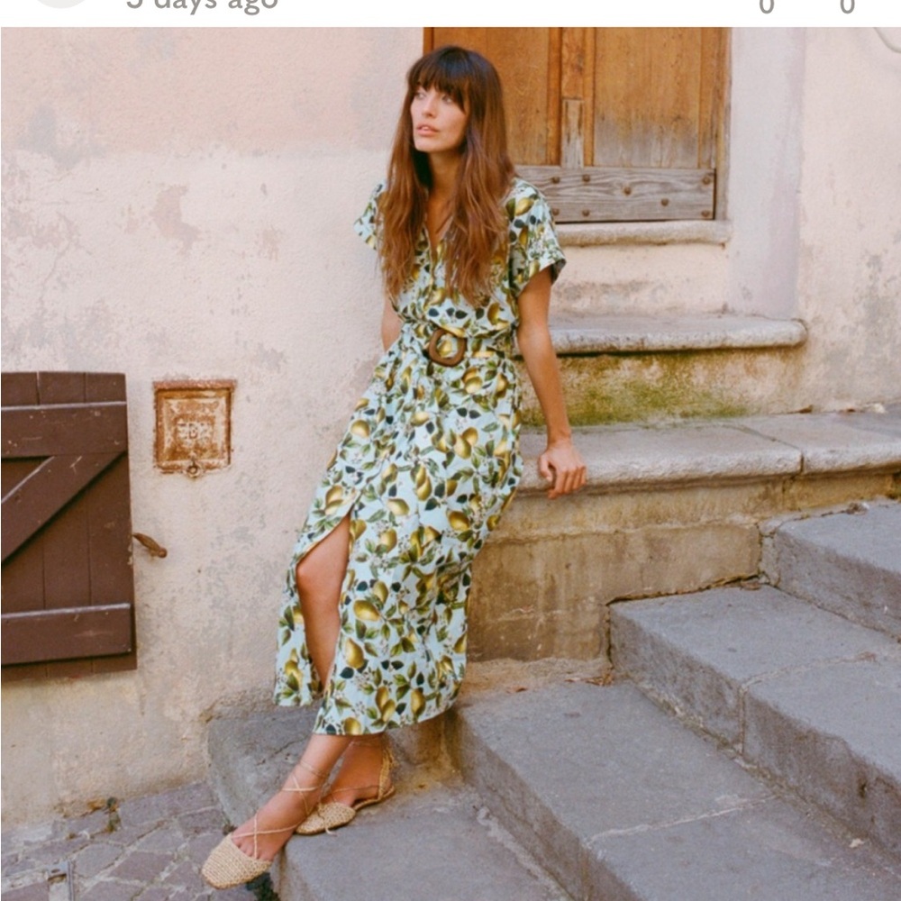 Zara Pear Print Midi Dress in Light Green and Yellow